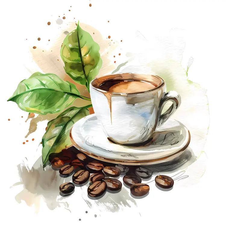Coffee Cup with Beans and Leaves