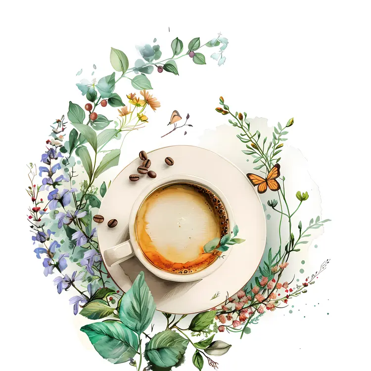 Coffee cup with flowers and coffee beans