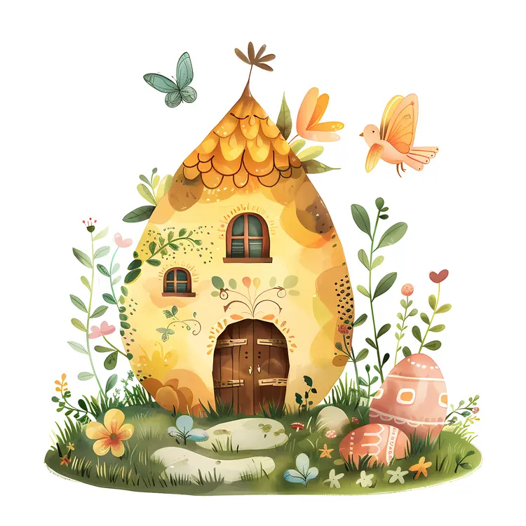 Small Cute Yellow Egg House with Butterflies