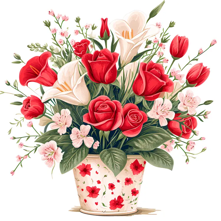 Flower Pot with Roses and Leaves