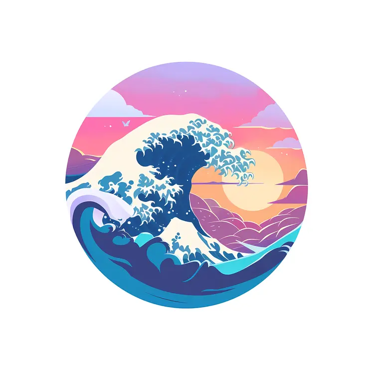 Wave at Sunset in Circular Frame