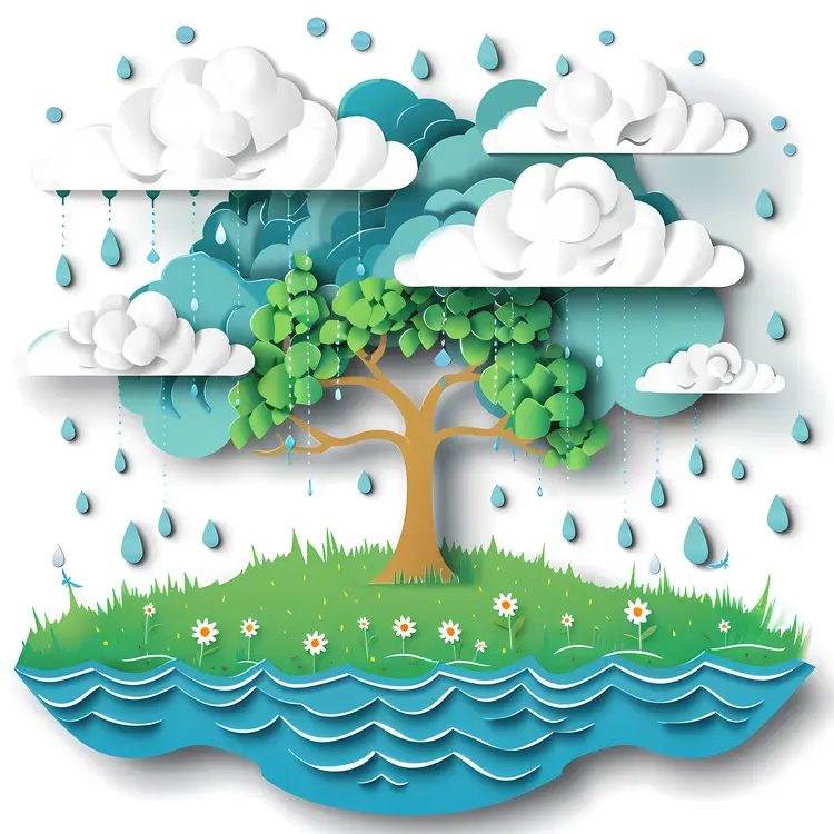 Tree with Clouds and Raindrops