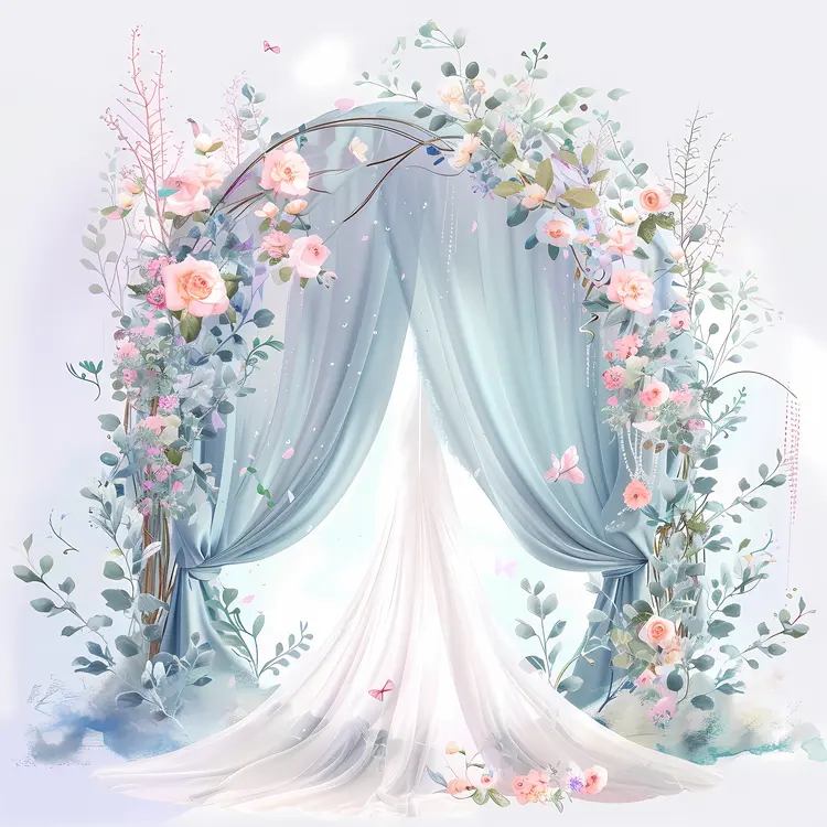 Floral Wedding Arch with Blue Drapes