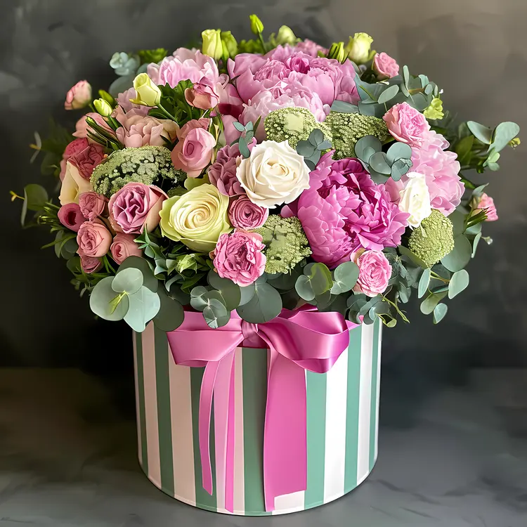 Pink and White Flower Arrangement in Striped Gift Box with Ribbon