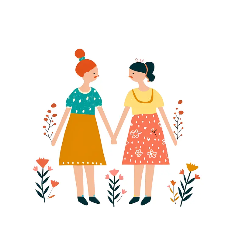 Two Women Holding Hands in Floral Dresses