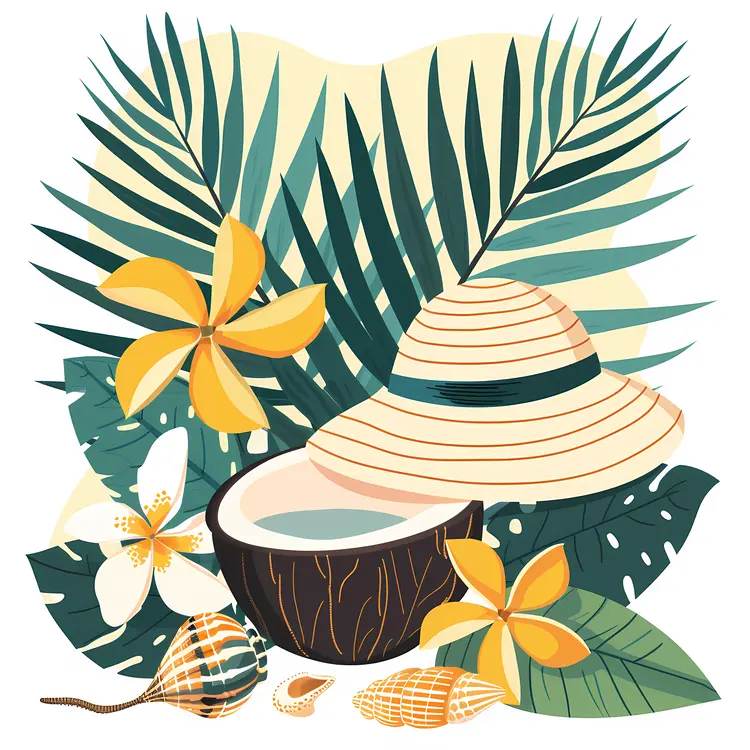 Coconut with Hat and Palm Leaves