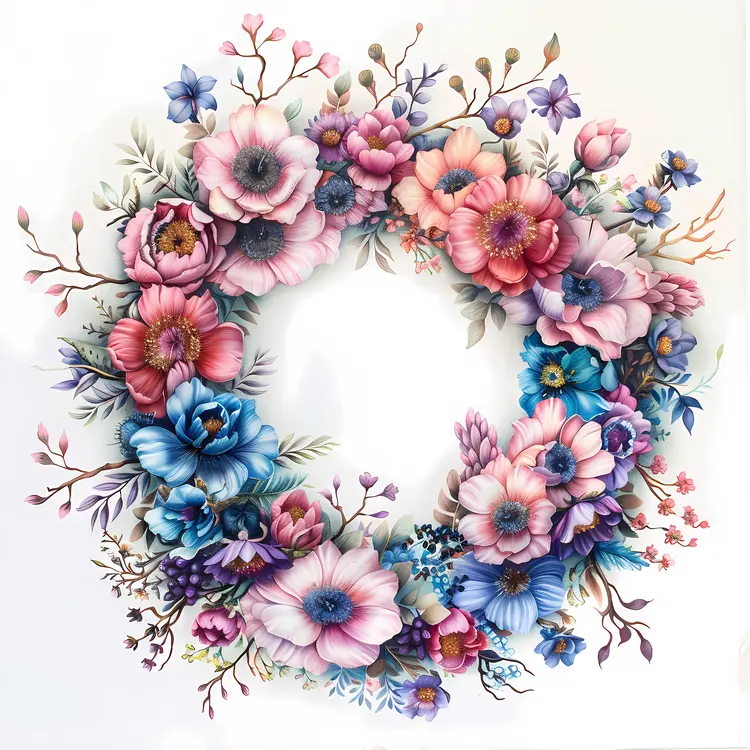 Lush Floral Wreath with Pink and Blue Flowers