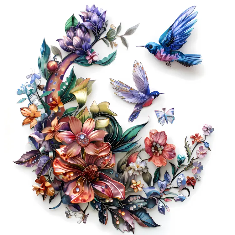 Colorful Floral Arrangement with Hummingbirds