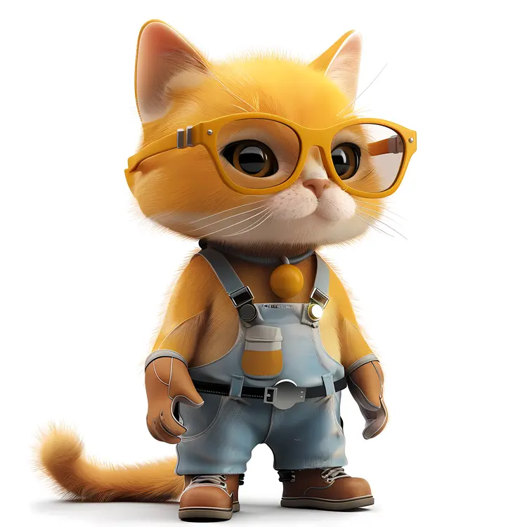 Cute Cartoon Cat in Glasses and Overalls