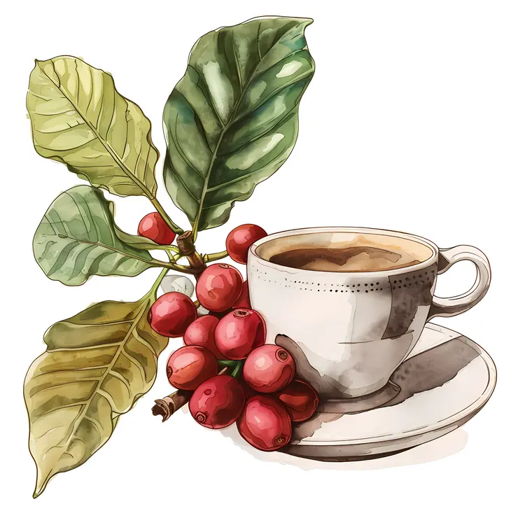 Coffee Cup with Coffee Berries and Leaves