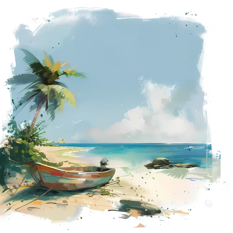 Tropical Beach with Boat and Palm Tree