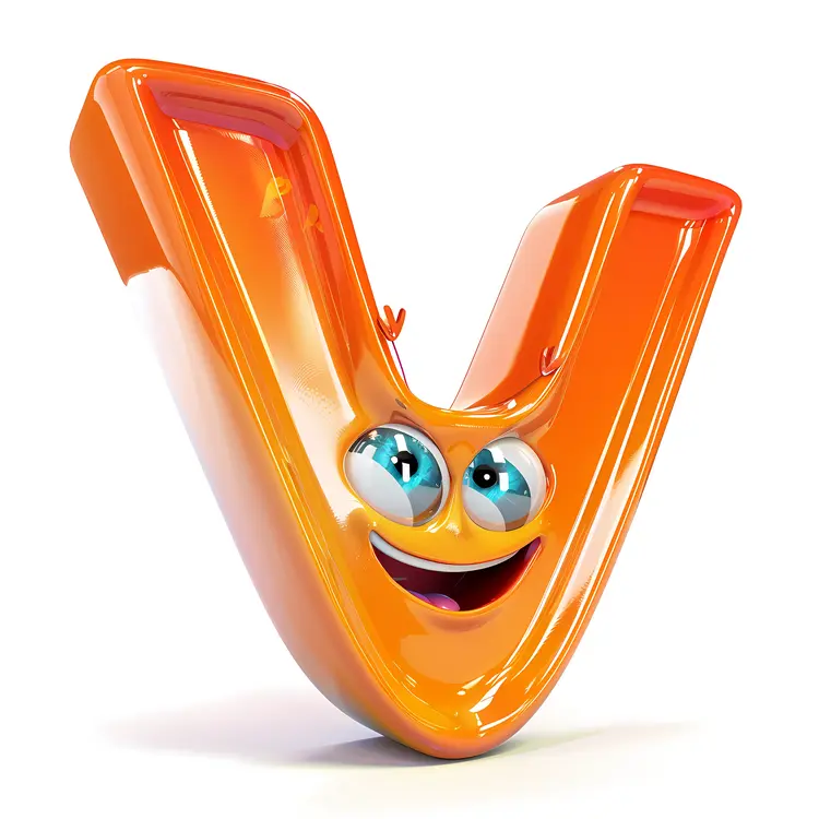 Orange Letter V Cartoon Character with a Smiling Face