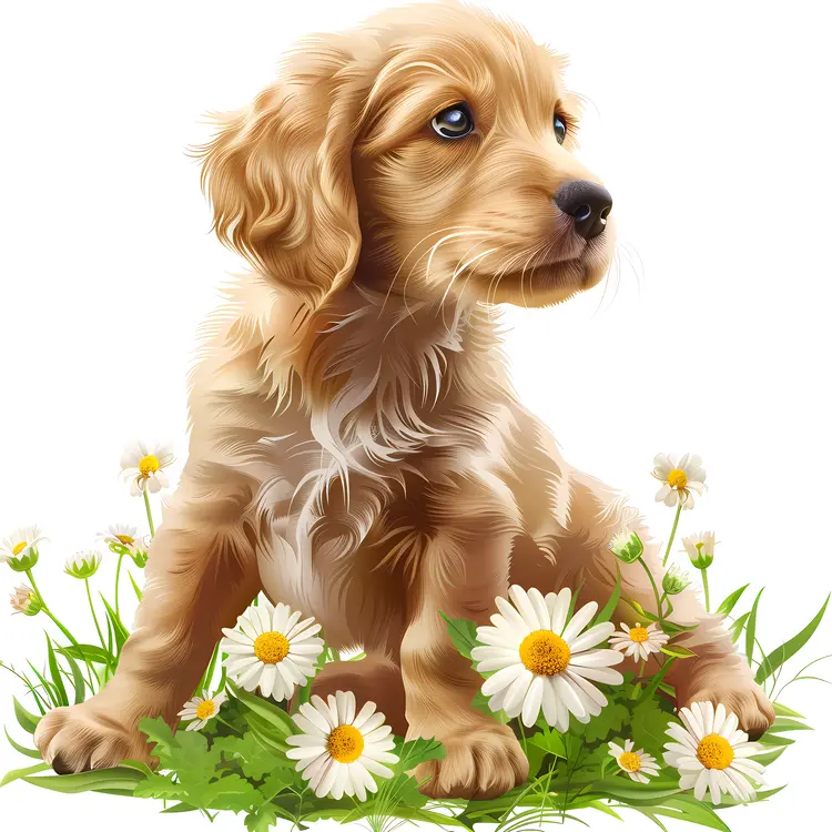 Cute Puppy in Grass with Daisies