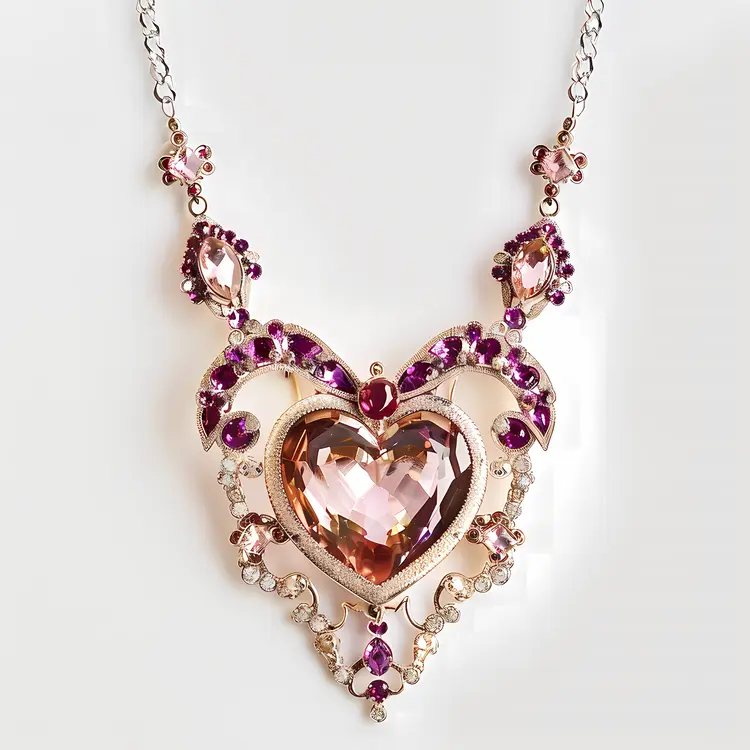 Ornate Gold Necklace with Pink Heart-shaped Gems