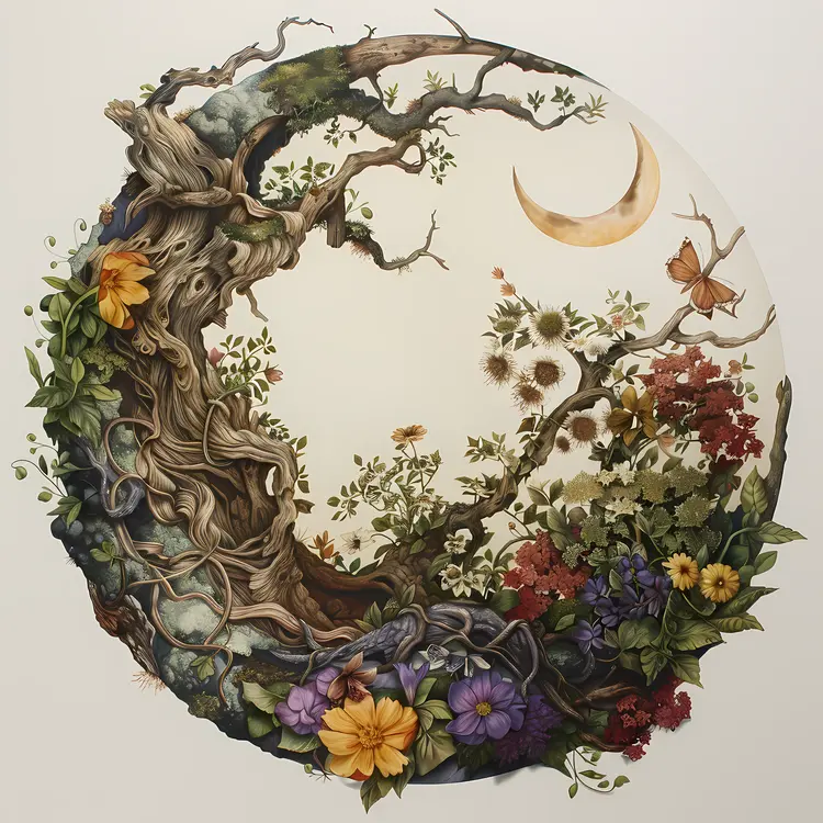 Floral Tree with Moon and Butterfly