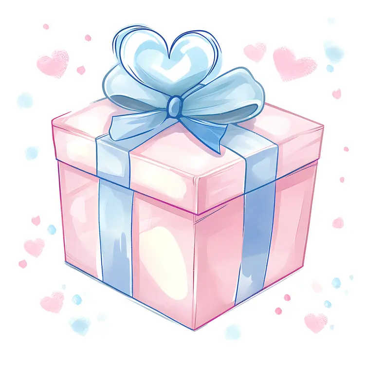 Pink Gift Box with Blue Ribbon and Heart Bow