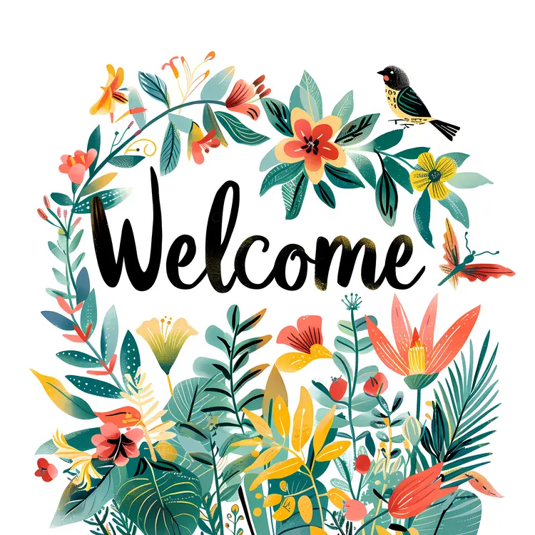 Colorful Floral Welcome Text with Bird