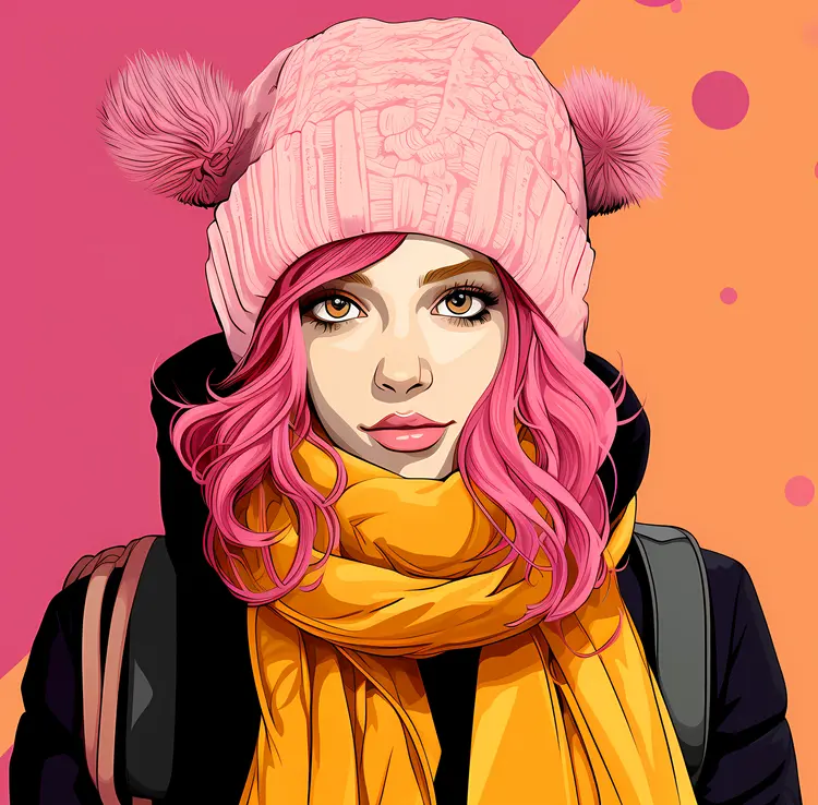 Girl in Winter Clothes with Pink Hat and Yellow Scarf
