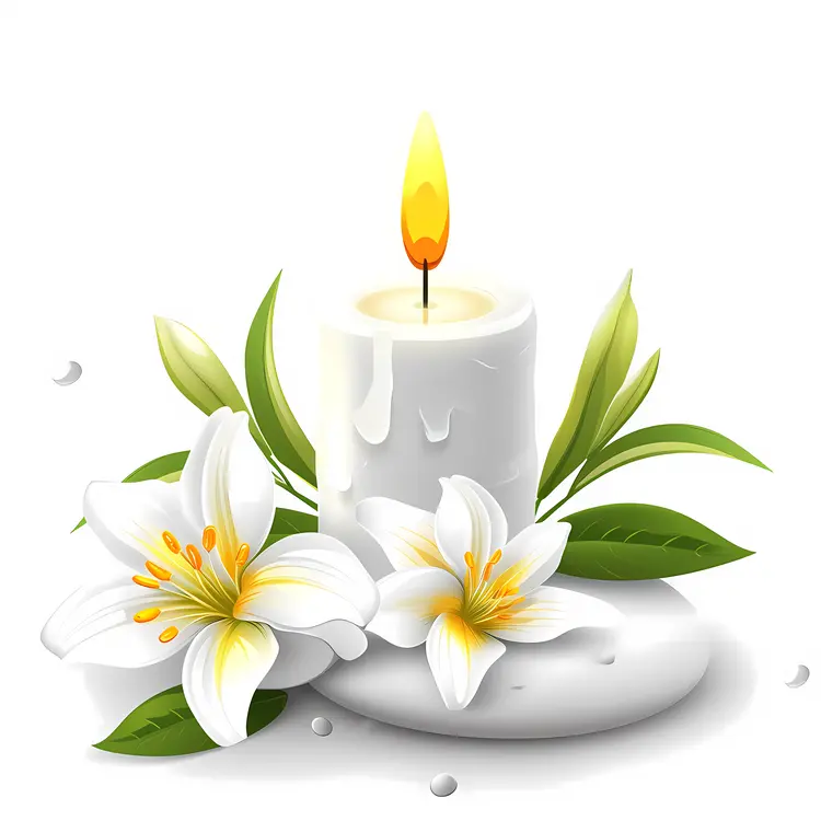 White Candle with Lilies and Leaves