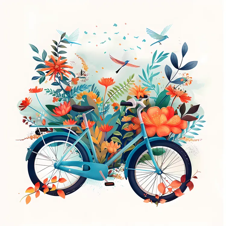Floral Bicycle Art with Birds and Flowers