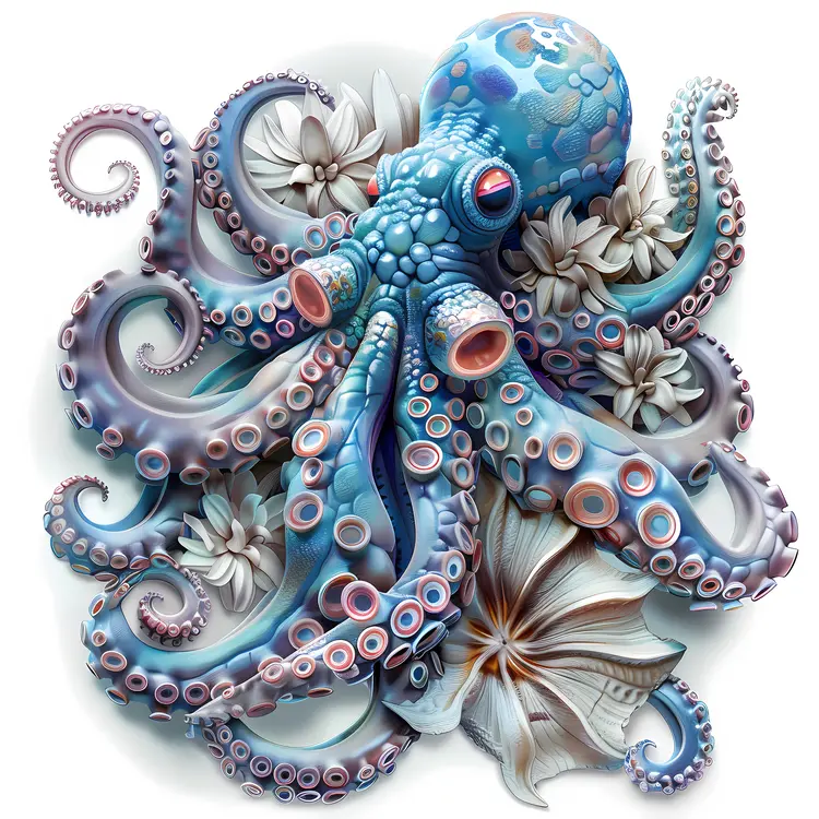 Blue Octopus with Flowers