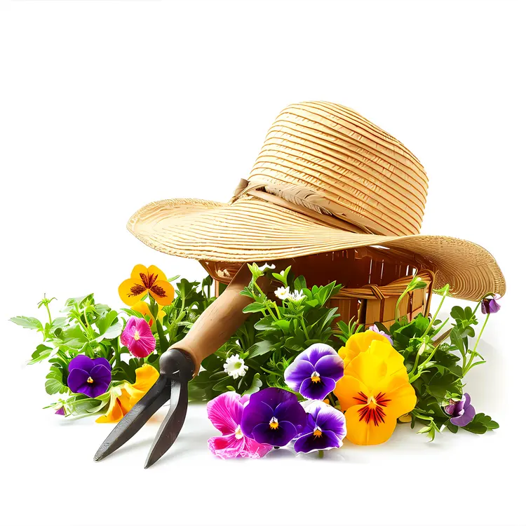 Straw Hat and Colorful Flowers with Gardening Tools