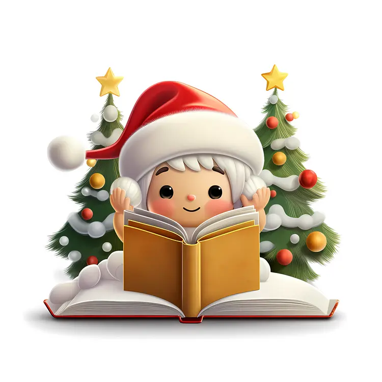 Child Reading with Christmas Hat