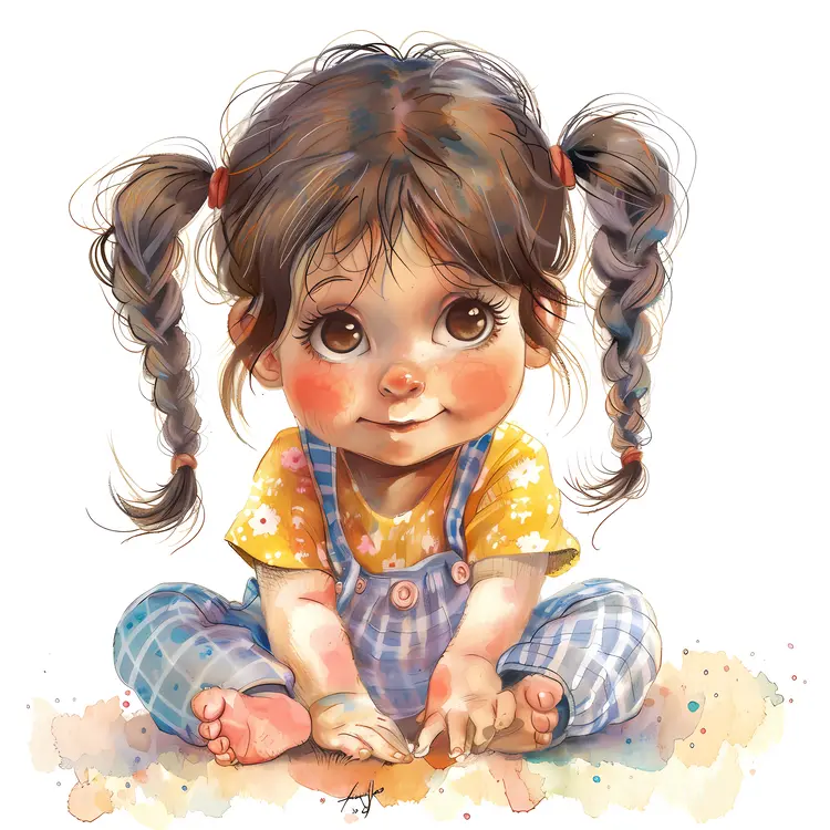 Baby with Pigtails in Overalls