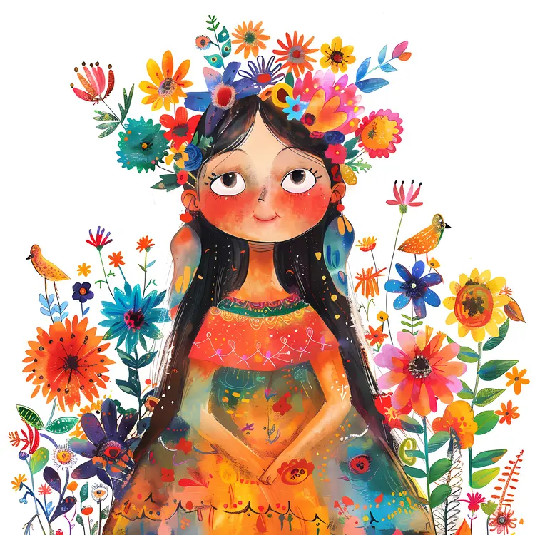 Cute Girl with Colorful Flowers Illustration