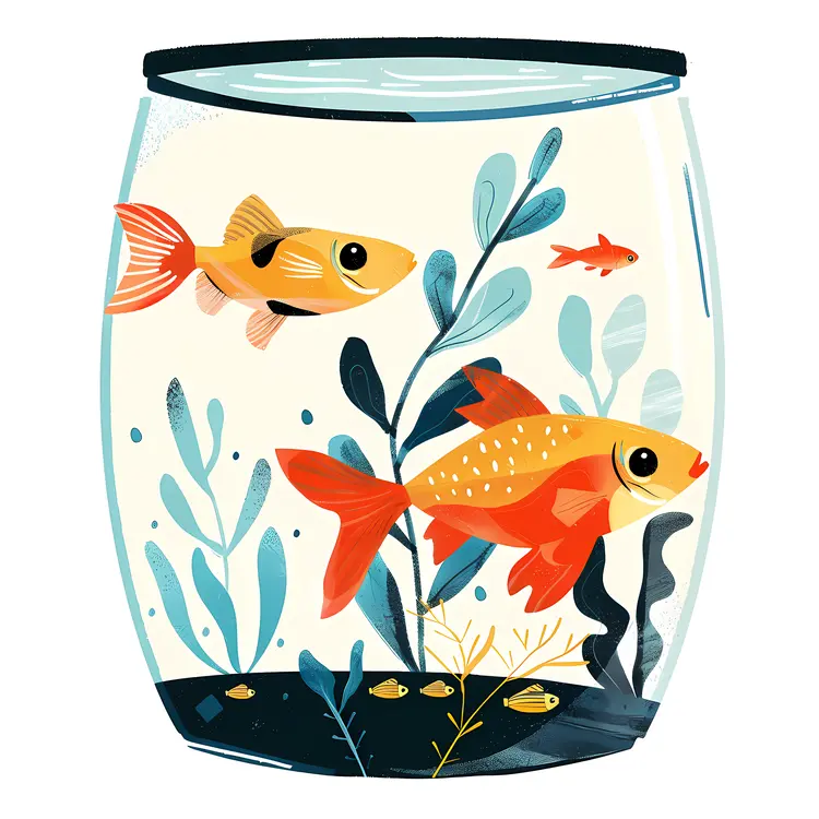 Illustrated Fish Tank with Fish and Plants