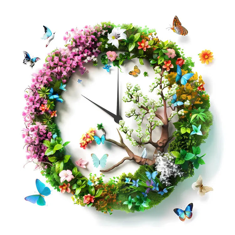 Floral Clock with Butterflies and Flowers