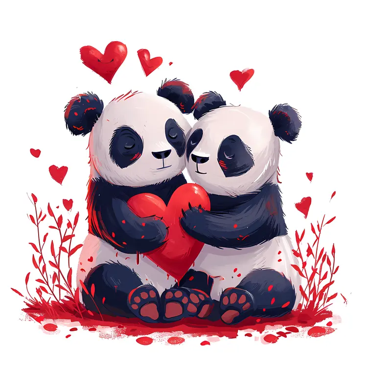 Cute Pandas Holding Heart for Valentine's Day