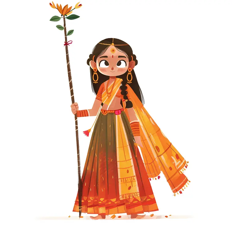Cute Girl Holding a Flower in Traditional Dress