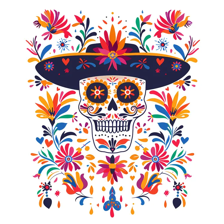 Decorated Skull with Sombrero and Floral Pattern