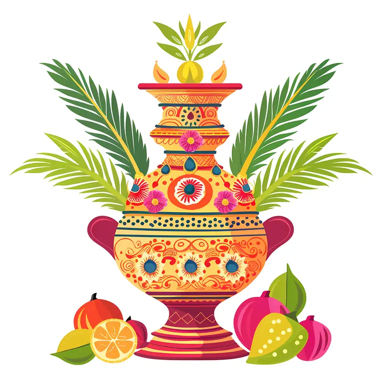 Decorative pot with fruits and leaves