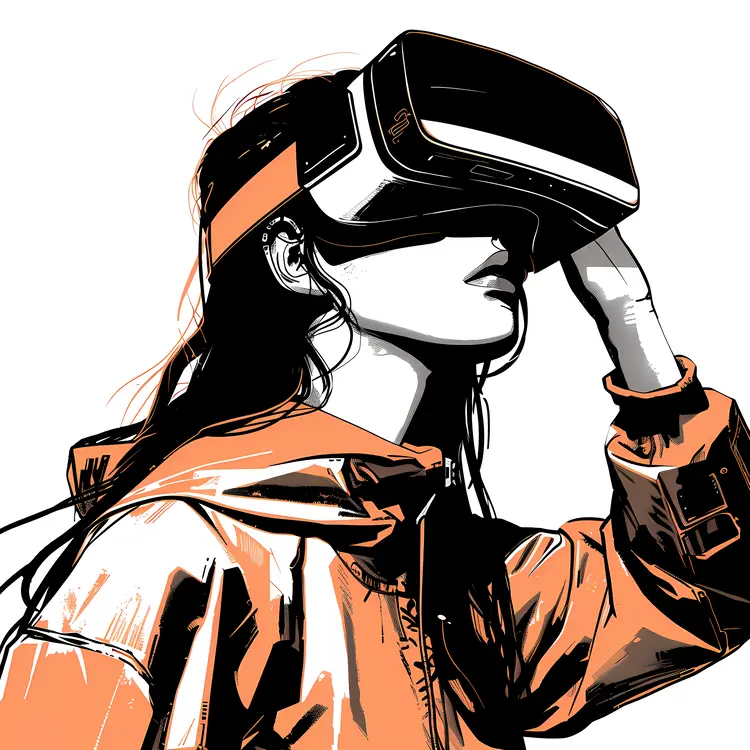 Person Wearing VR Headset in Orange Jacket with Hand on Headset
