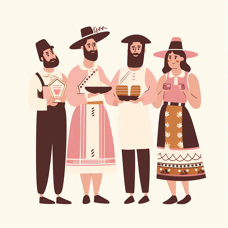 People in Traditional Clothing with Food