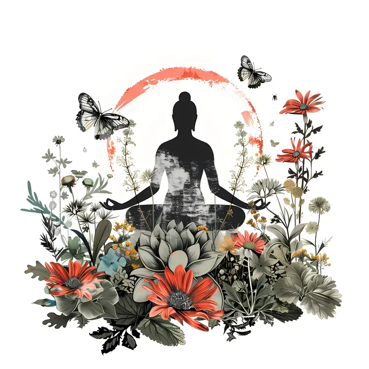 Silhouette of Person Meditating with Flowers and Butterflies