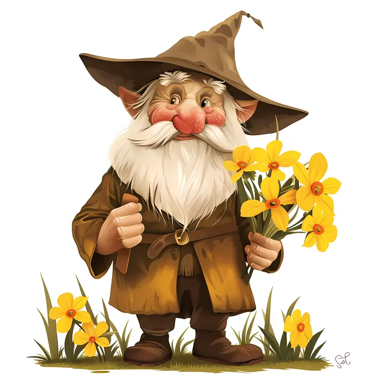 Gnome Holding Yellow Daffodils
