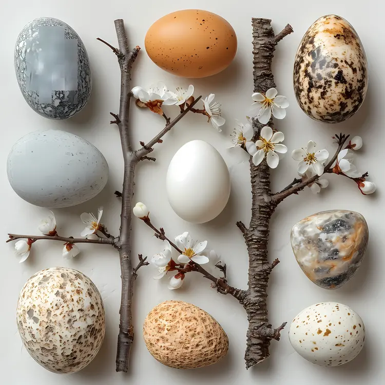Speckled Eggs and Blossoms on Branches
