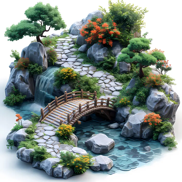 Miniature Zen Garden with Bridge and Waterfall