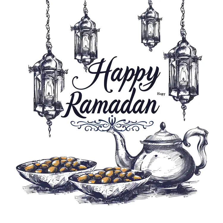 Happy Ramadan Text with Lanterns
