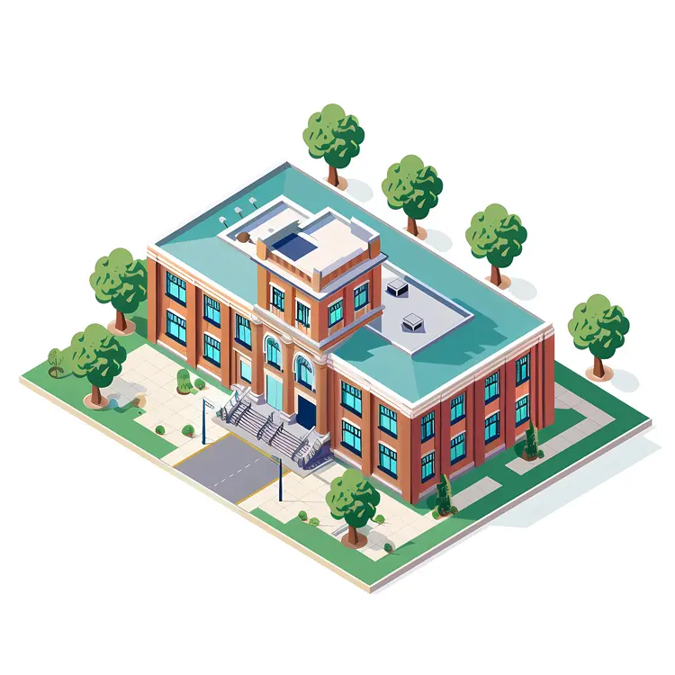 Modern School Building with Trees