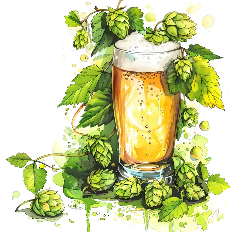 Beer Glass with Hops and Leaves