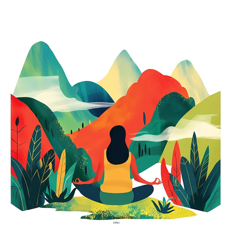 Colorful Mountain Landscape with Meditating Woman