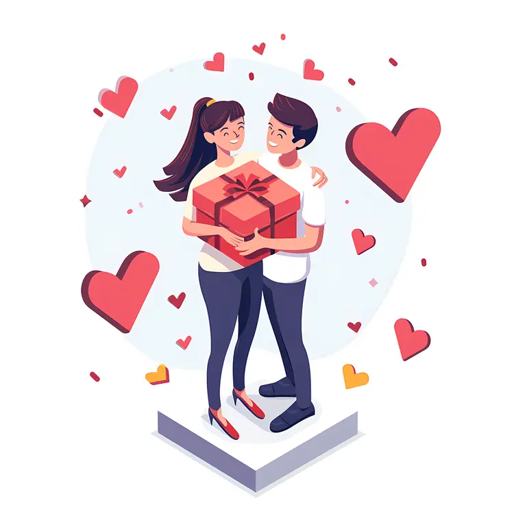 Couple with Gift and Hearts
