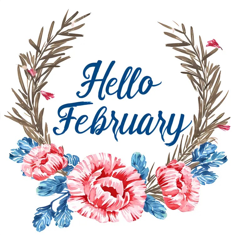 Hello February with Pink and Blue Flowers