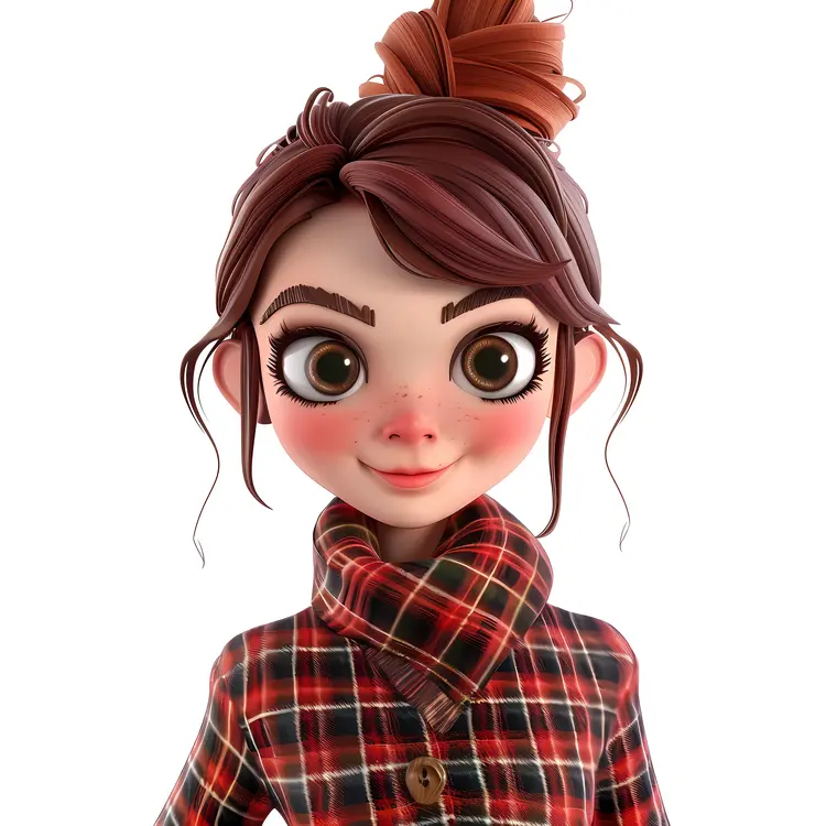 Cute animated girl with plaid shirt and bun