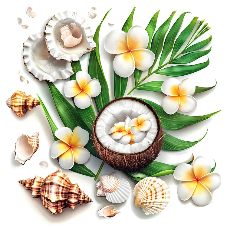 Tropical Coconut and Flowers with Seashells