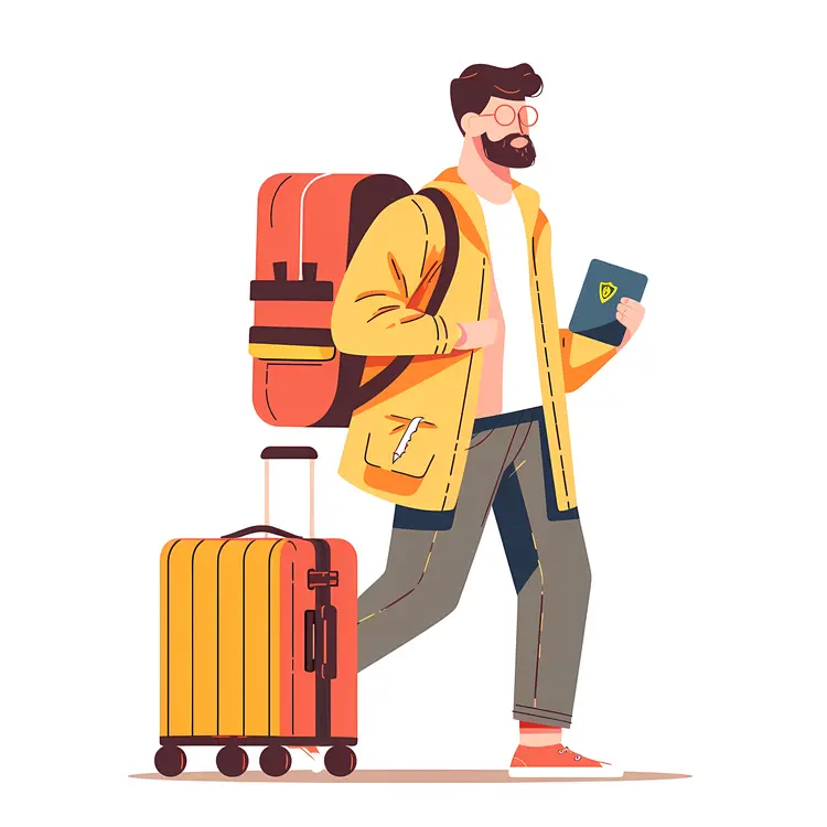Traveler with Luggage and Backpack in Yellow Jacket